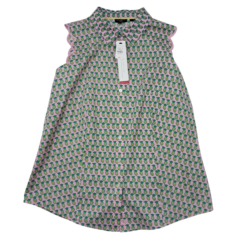 NWT Talbots Sleeveless Scallop Shirt Dancing Pineapple Womens 10P Pink Non-Iron
